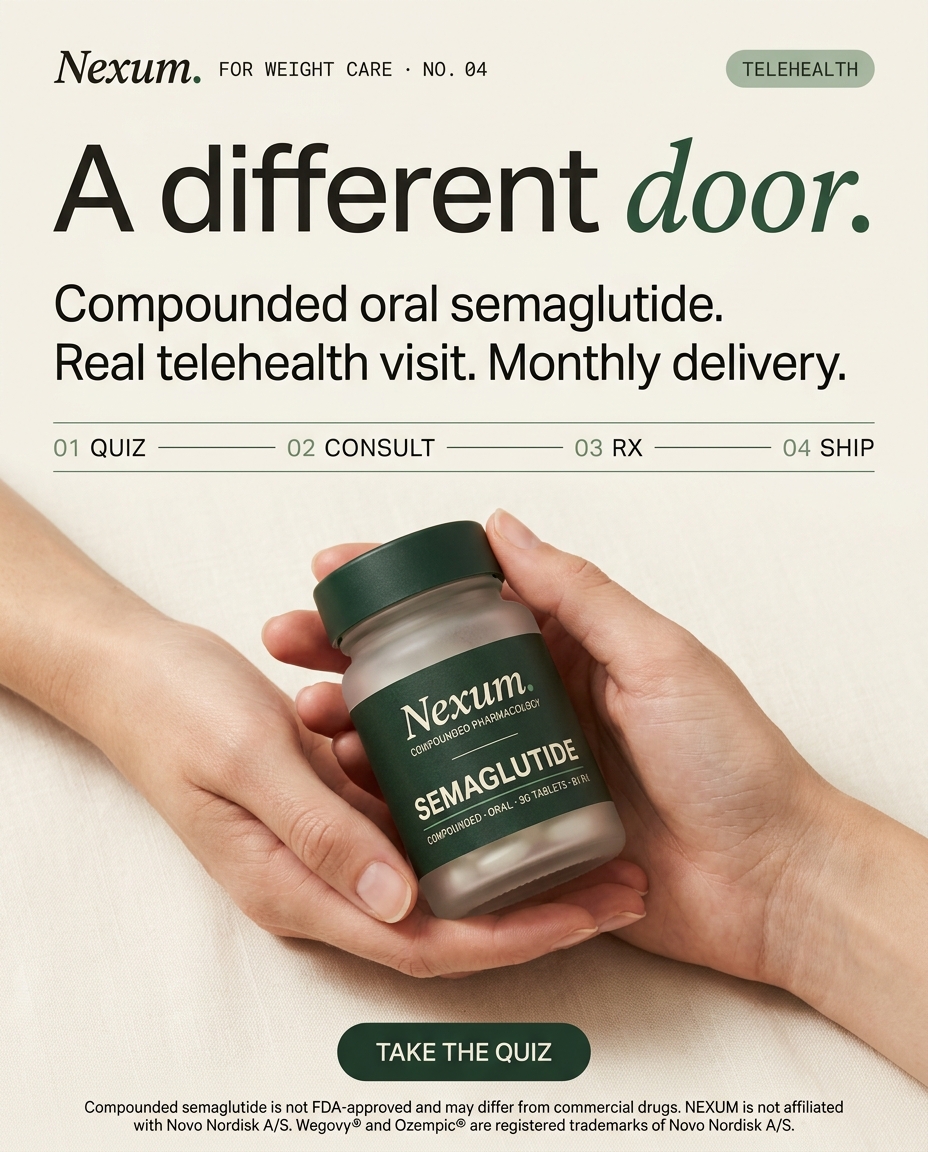 Nexum — A DIFFERENT DOOR · hands cradling compounded GLP-1 bottle